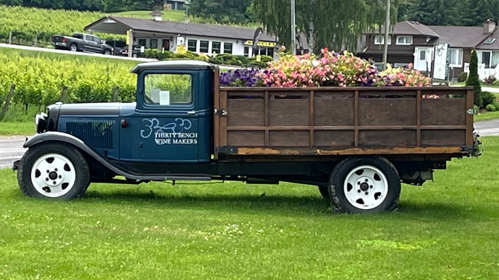 A decorative old truck with its bed filled with flowers and Thirty Bench Wine Makers written on the door
