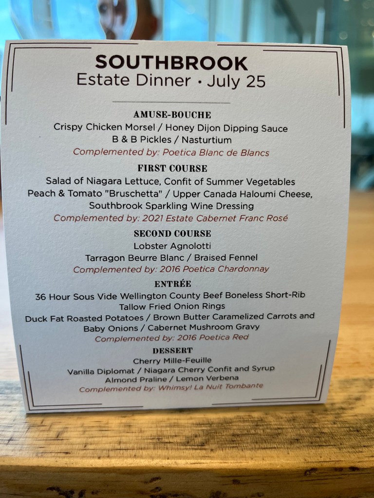 Southbrook Estate Dinner menu